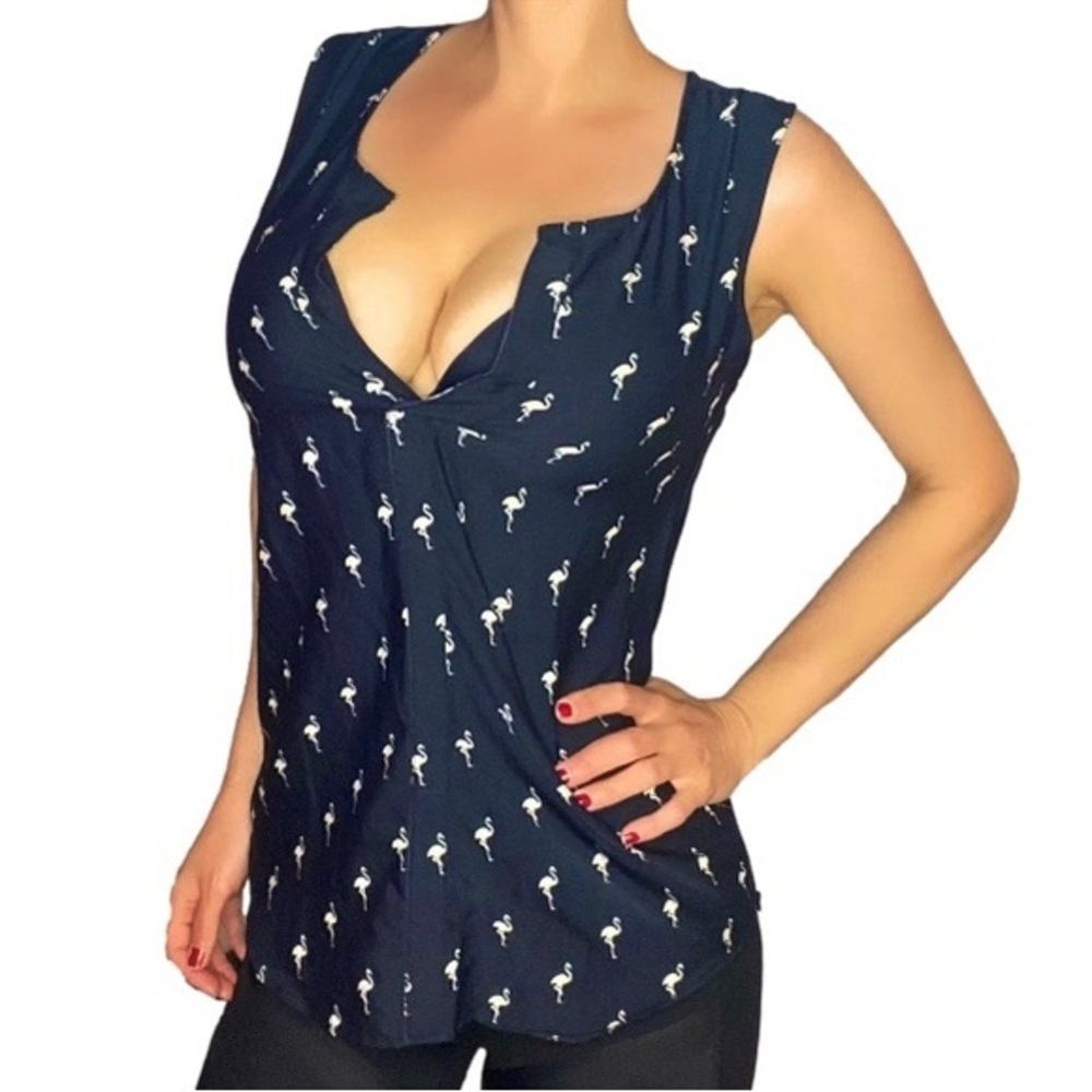 🌷 Paper Moon🌷 Navy Blue & White Flamingo Sleeveless Blouse Camisole Top
